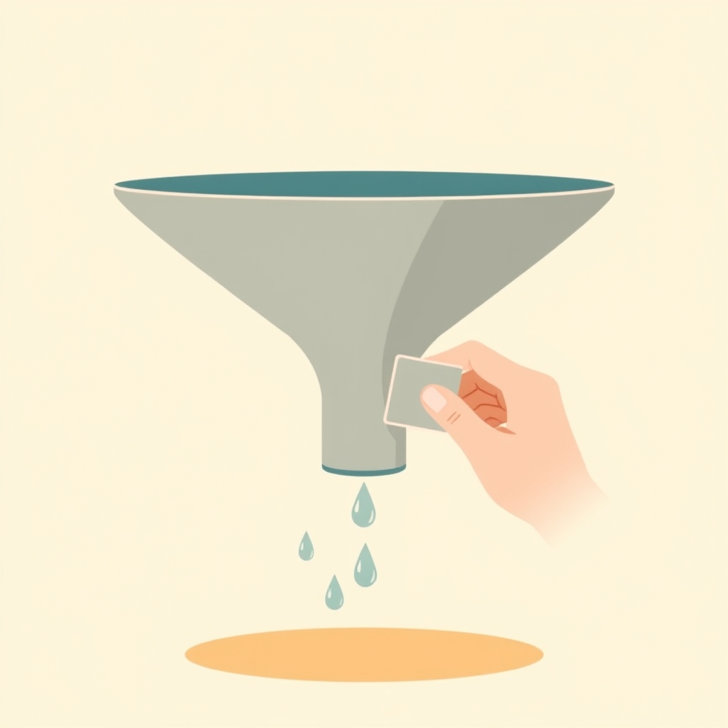 Flat illustration of a funnel leaking droplets through cracks near its base while a hand holds a patch over one gap.